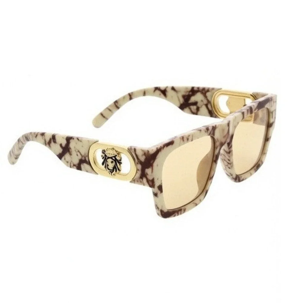 Oversize Square Marble Sunglasses Yellow Lens Gold Lion Head Emblem Women Luxury